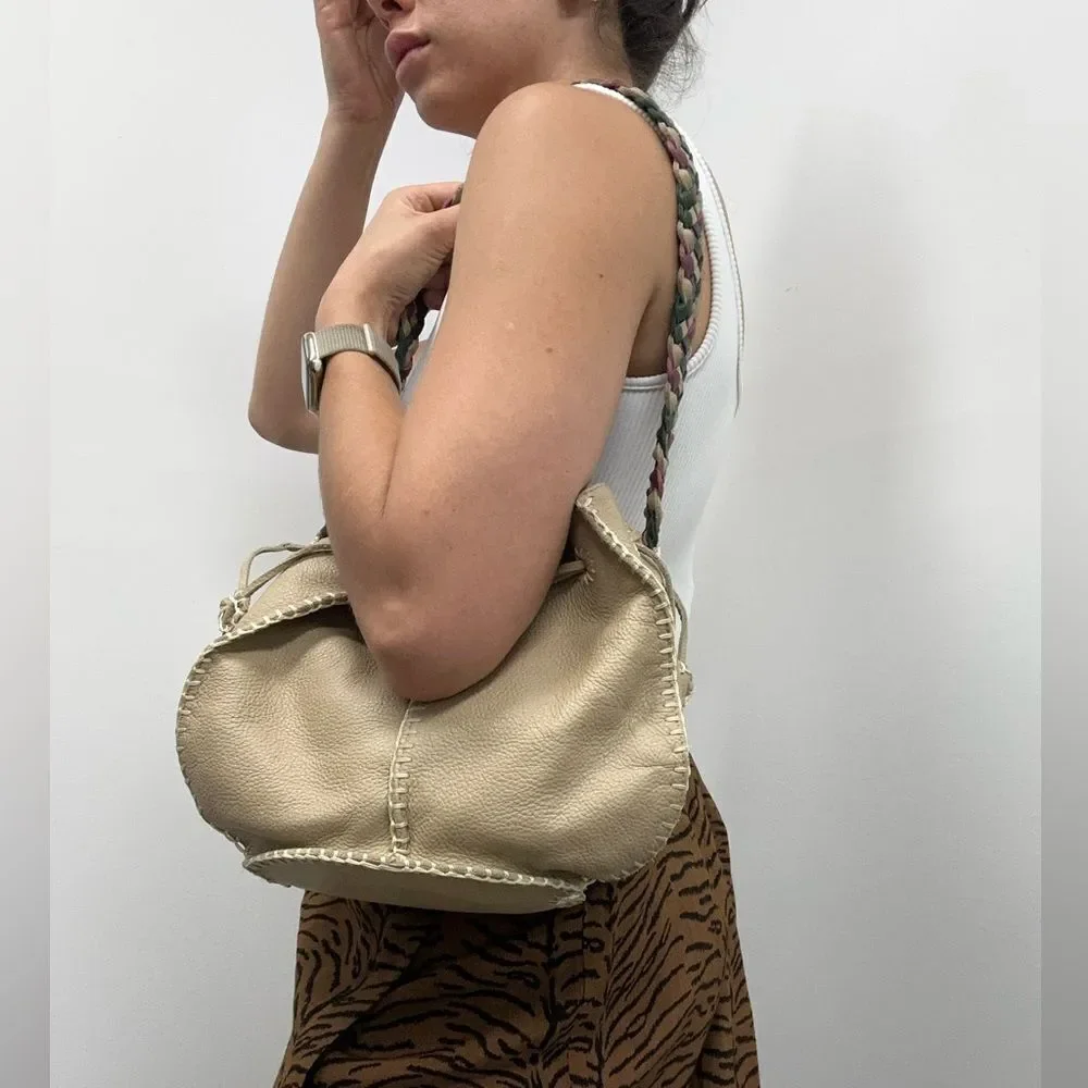 Valerie Steven’s Beige Leather Small Bucket Shoukder Bag Braided Leather Strap